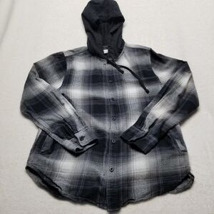 PacSun Black and White Plaid Button-Down Hoodie Shirt